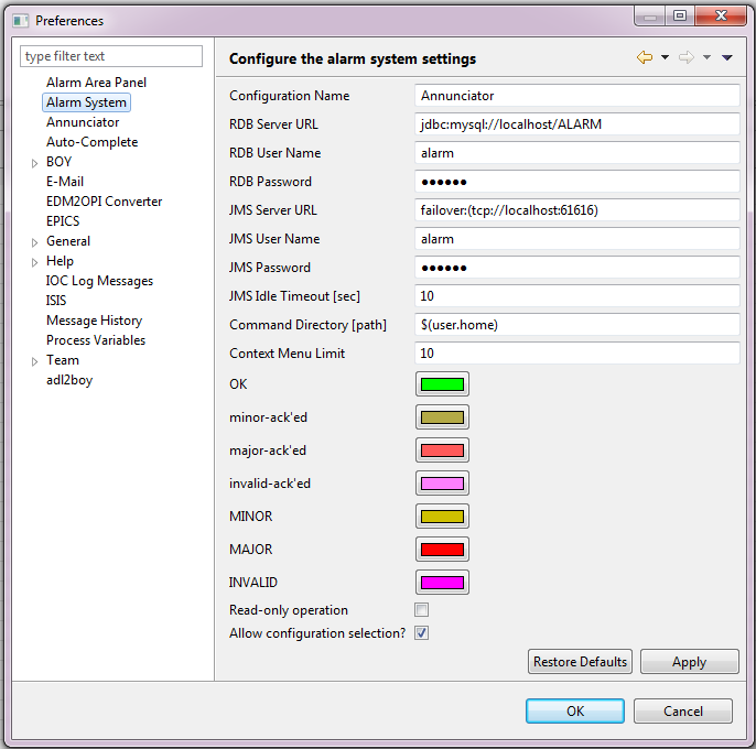 Alarm system preferences dialog